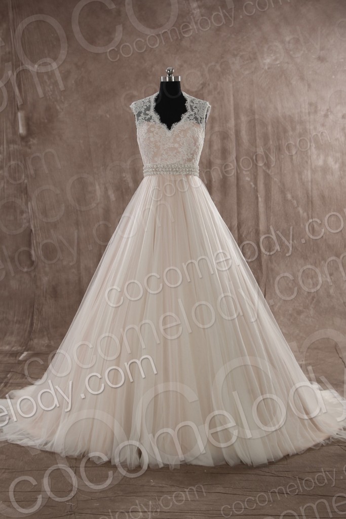 Classic A-line V-neck Natural Train Tulle Ivory Sleeveless Zipper With Button Wedding Dress with Sashes