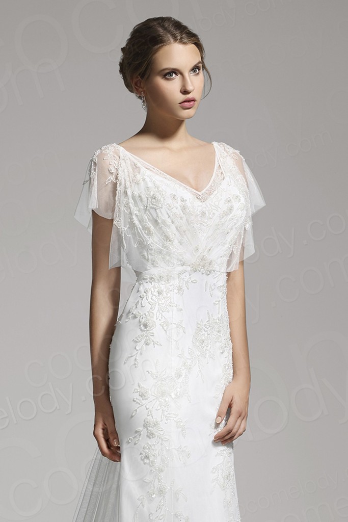 Delicate Sheath-Column V-neck Tulle Ivory Cap Sleeve Wedding Dress with Beading