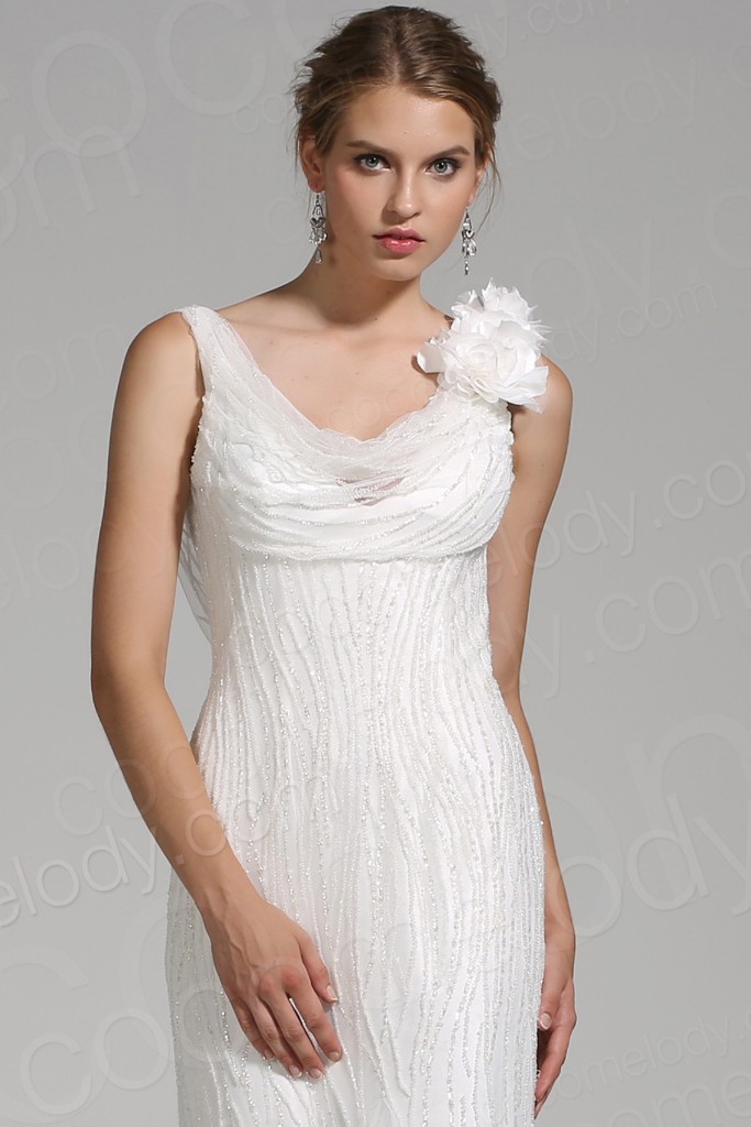 Charming Sheath-Column V-neck Tulle Ivory Sleeveless Wedding Dress with Beading and Flower