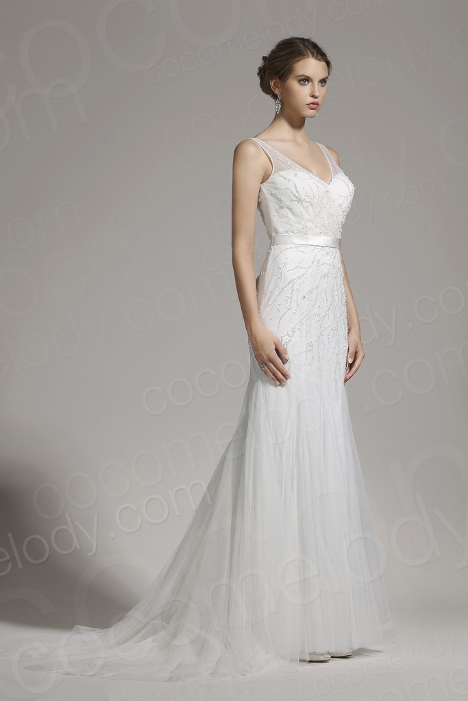 New Arrival Sheath-Column V-neck Tulle Ivory Sleeveless Wedding Dress with Beading