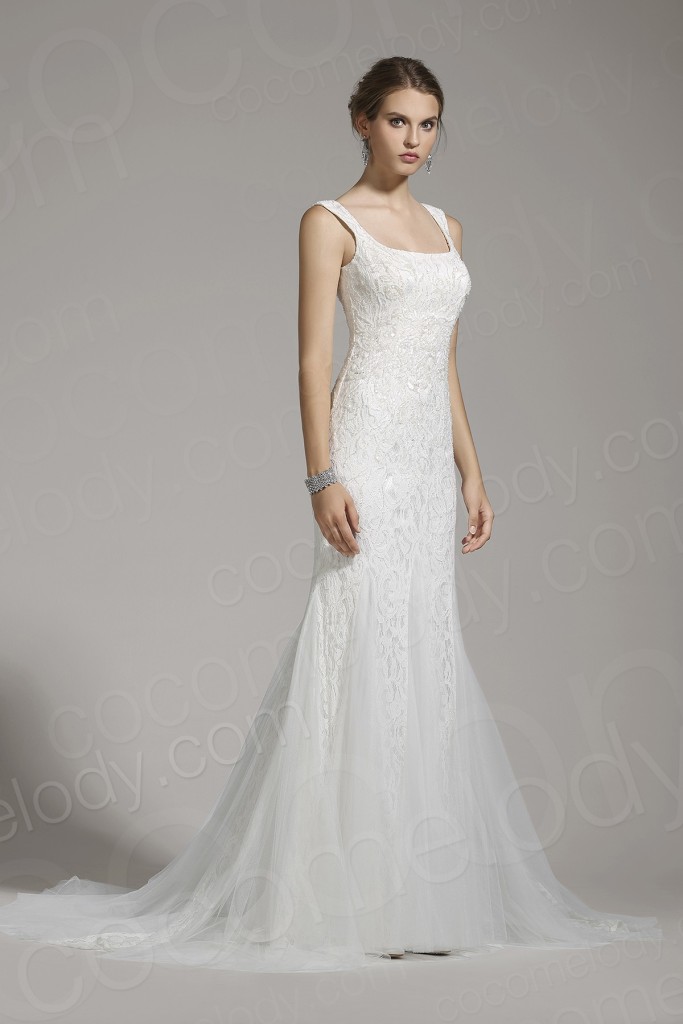 Luxurious Trumpet-Mermaid Square Lace Ivory Sleeveless Wedding Dress with Beading and Sequin