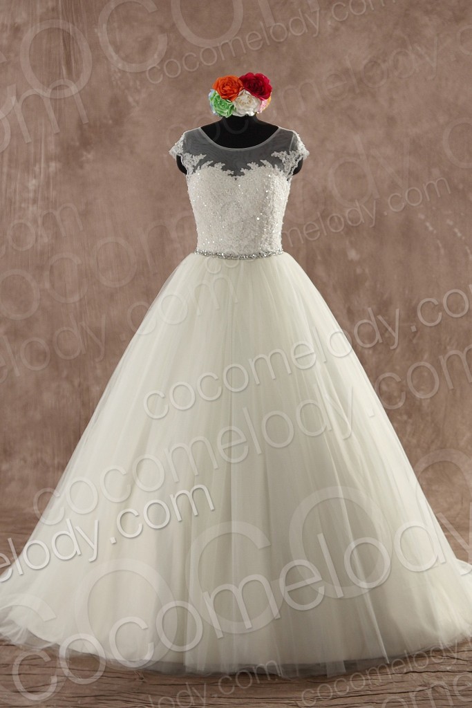 Classic A-Line Illusion Natural Sweep-Brush Train Tulle Ivory Sleeveless Zipper With Button Wedding Dress with Sashes and Crystals