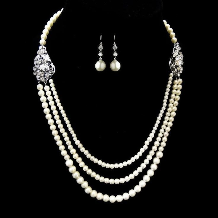 Three Row Pearl Wedding Necklace and Earring Set, - Affordable Elegance Bridal -