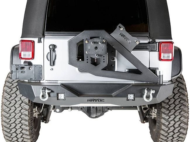 Havoc's heavy duty rear bumper with tire carrier is a Wrangler's best protection friend.